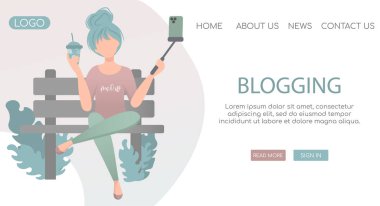 Bloglama ve vloglama için vektör indirme sayfası şablonu. Genç trend kız parkta şubede oturuyor ve blogu veya vlog kanalı için fotoğraf veya video içeriği hazırlıyor.