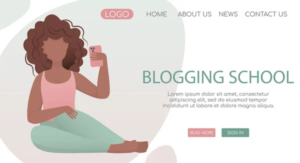 Modelo Página Destino Vetorial Para Blogs Vlogging Jovem Menina Africana — Vetor de Stock