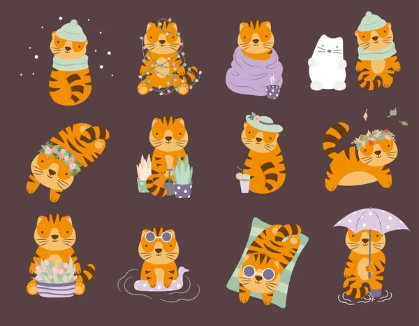 Set of 12 cute cartoon vector tigers in different seasons winter, spring, summer, autumn, fall. Funny character for childs production,stickers,posters. — Stock Vector