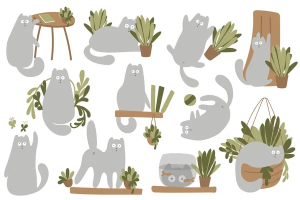 Zestaw postaci kotów i roślin. Wektor postać ładny kotek. Przytulny dom z roślinami i szarym kotem. Rysunek Zwierzęta Tło, Ilustracja wektor — Wektor stockowy