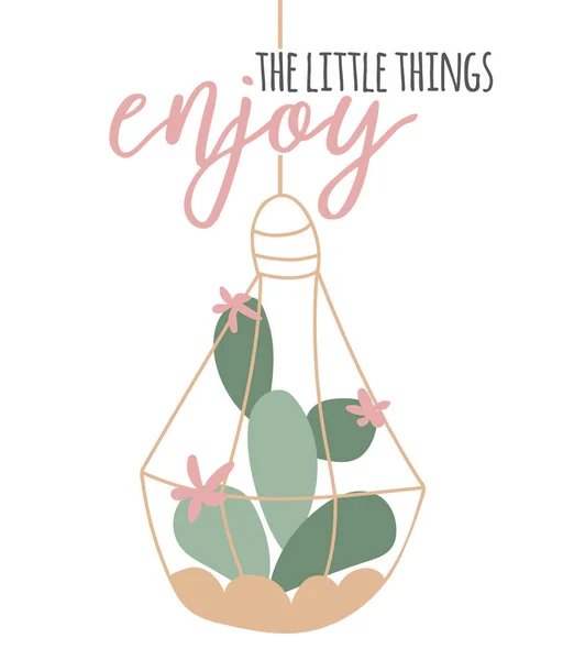 Vector lindo cactus aislado sobre un fondo blanco con caligrafía. Disfruta de las pequeñas cosas. Elemento tipográfico de diseño gráfico de inspiración. Diseño de tarjetas florales en estilo plano de dibujos animados.. — Vector de stock