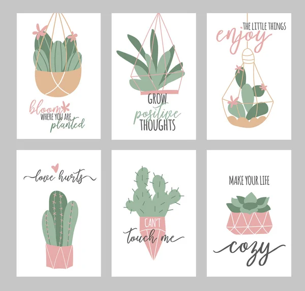 Wektor zestaw przytulne słodkie plakaty z kaktusa i soczyste izolowane na białym tle. Cytaty inspiracji. Ogrodnictwo. Rośliny domowe. Ozdoba botaniczna. — Wektor stockowy