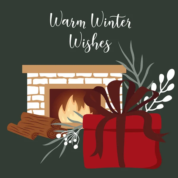 Gift box near fireplace.Winter mood still life of cute things interior. Cozy hygge vector pre-made compositions in Scandinavian style. Ideal for social media, posters, cards. — Vetor de Stock