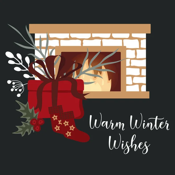 Gift box and socks near fireplace. Winter mood still life of cute things interior. Cozy hygge vector pre-made compositions in Scandinavian style. Ideal for social media, posters, cards. — Vetor de Stock