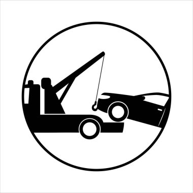 Çekici kamyon şehir yol yardım servisi tahliyecisi. Park ihlali. Yol tabelası, park yasak. Çekici izi var. Siyah ikon. Beyaz arka planda park yasağının Raster çizimi