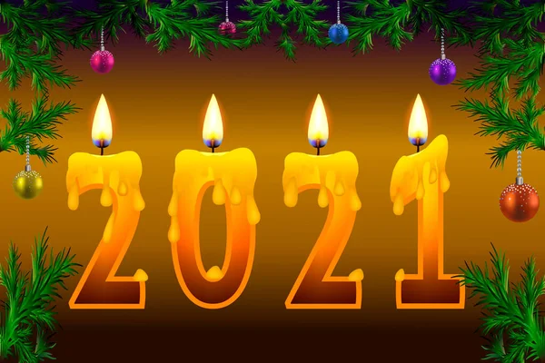 Burning Candles Dark Background Number 2021 New Year Concept Happy — Stock Vector