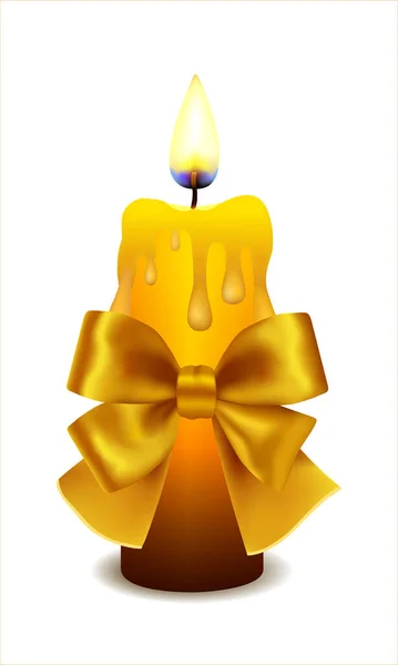 Burning Candle Large Bow Gold Ribbon White Background Raster Realistic — Stock Photo, Image