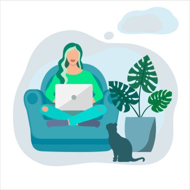 Kız evde oturuyor. Uzaktan kumandalı, serbest. Koronavirüs salgını sırasında kendini izole etme. Düz biçimli vektör illüstrasyonu