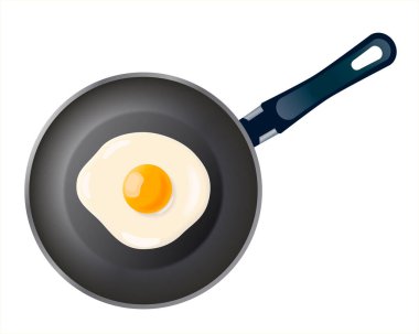  Beyaz arka planda izole edilmiş yumurta tavası. Yemek pişirmek. Pişmiş omlet. Öğle yemeği, akşam yemeği, kahvaltı. Çırpılmış yumurta. Kızartma için metal alet. Yemek aletleri. Yumurtalı omlet. En iyi manzara. EPS 10