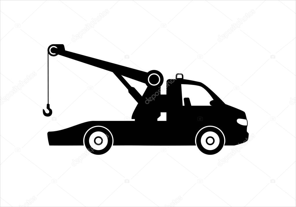 Tow truck city road assistance service evacuator. Parking violation. Road sign - no Parking. Truck emergency symbol. Black raster icon.