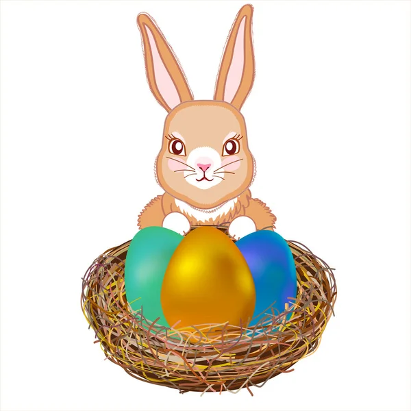 Tradycyjny Królik Wielkanocny Koszem Trzema Wielobarwnymi Jajkami Białym Tle Raster — Zdjęcie stockowe