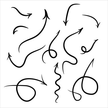 Beyaz arka planda elle çizilmiş izole raster okları. Web sitesi uygulamaları ve diğer amaçlar için farklı şekillerdeki oklar ve yönler.