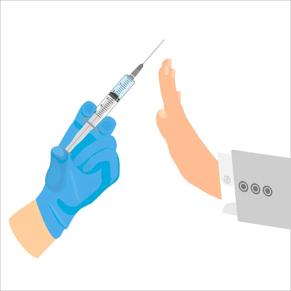 İmza el duruşu, şırınga ikonu, konsept durdurma aşısı, enjeksiyon içeren reddetme konsepti. Doktor şırıngayı elinde aşı ile tutuyor. Enjeksiyonun yan etkileri, hastalık ya da ölüm. Düz