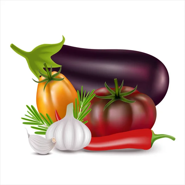 Bodegón Verduras Realistas Vegetales Frescos Trama Berenjenas Tomates Frescos Color —  Fotos de Stock