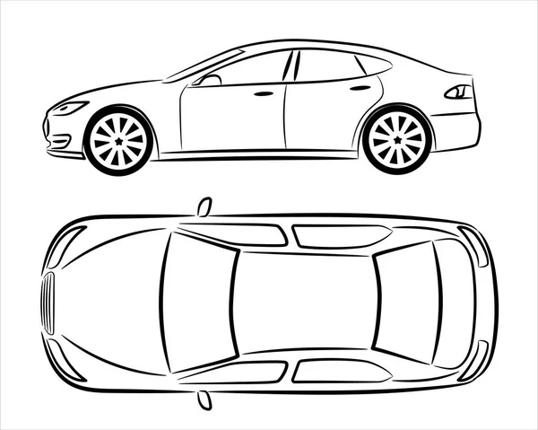現代の車のセダン 白い背景に抽象的なシルエット 車両のアイコンは 側と上からのビューを設定します 手描き線画 — ストックベクタ