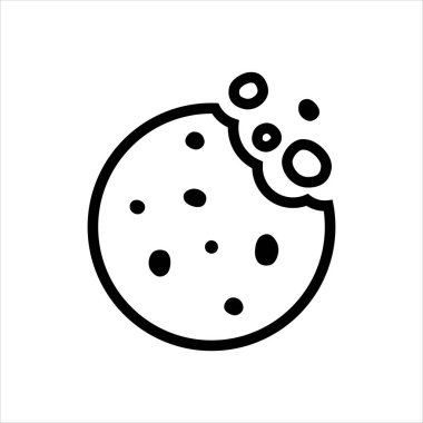 Beyaz arka planda çikolatalı pasta ikonu. Basit kurabiye ikonu çizimi. Isırılmış kurabiye silueti ya da logosu. Yuvarlak siyah beyaz bisküvi sembolü izole