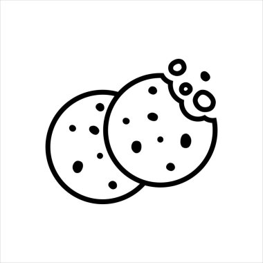 Beyaz arka planda iki çikolatalı kurabiye ikonu. Basit kurabiye ikonu raster çizimi. Isırılmış kurabiye silueti ya da logosu. Yuvarlak siyah beyaz bisküvi sembolü izole