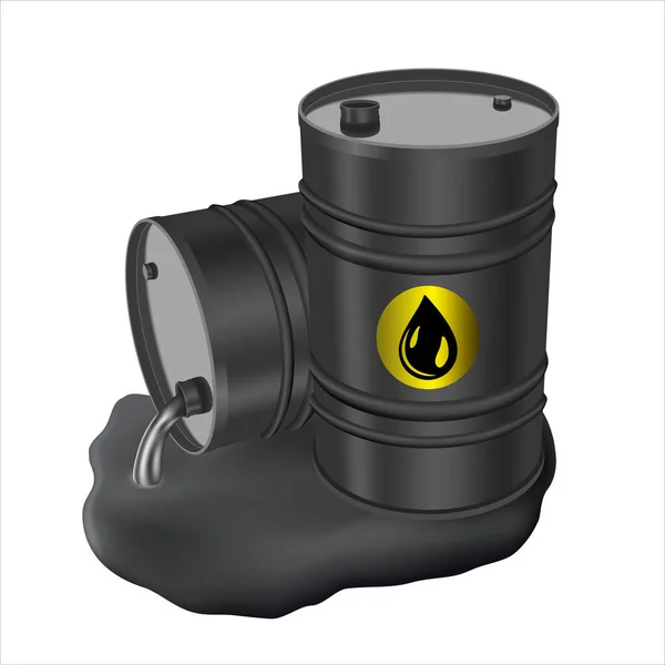 Black Metal Barrels Spilled Oil Concept Pollution Ecology Business Illustration — Stock Vector