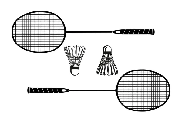 Two Badminton Racket Shuttlecock Black Silhouettes Vector Illustration Isolated White — Stock Vector