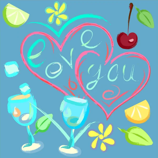 Boyaması Harflerle Suluboya Kart Limonata Şarap Kiraz Beyaz Arka Planda — Stok fotoğraf