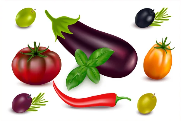 Bodegón Verduras Realistas Conjunto Verduras Frescas Berenjena Tomates Frescos Color —  Fotos de Stock