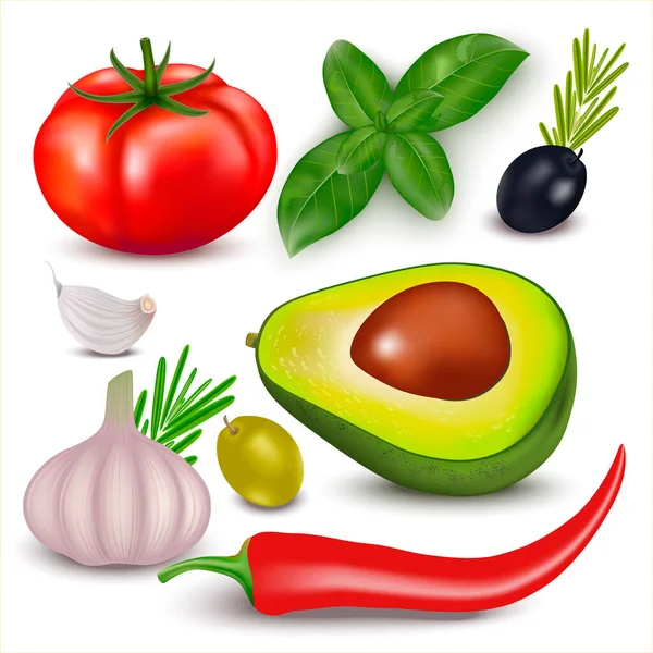 Group Vegetables White Background Garlic Avocado Tomato Basil Olives Rosmary — Stock Vector