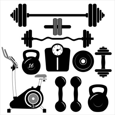Dambıllar işaret simgeleri. Fitness spor sembolleri. Jimnastik aletleri. Halter Simgesi. Düz siyah simgeler beyaz üzerine. Spor salonu için spor malzemesi ve vektör illüstrasyonlu simgeler..