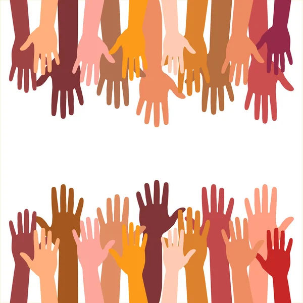 Έγχρωμος Εθελοντής Πλήθος Χέρια Απομονώνονται Λευκό Φόντο Άνθρωποι Απλώνουν Χέρια — Διανυσματικό Αρχείο