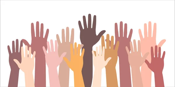 Many hands of different people in unity raise hands up. Raised hand silhouettes, people colorful voting vector illustration. Celebration, teamwork, collaboration, voting, volunteering concert