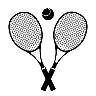 Tenis raketleri çapraz ve top silueti, beyaz arka planda izole ikon. Basit düz dizayn. Temel badminton spor malzemesi. 
