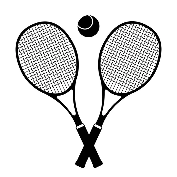 Tenis raketleri çapraz ve top silueti, beyaz arka planda izole ikon. Basit düz dizayn. Temel badminton spor malzemesi. 