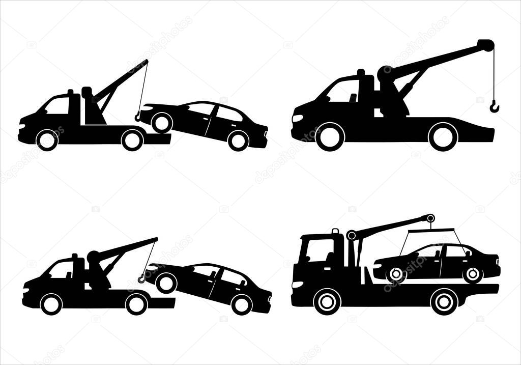 Tow truck city road assistance service evacuator. Towing car icon collection with black and flat design. Parking violation.  Sign of a tow truck. Vector illustration EPS 10