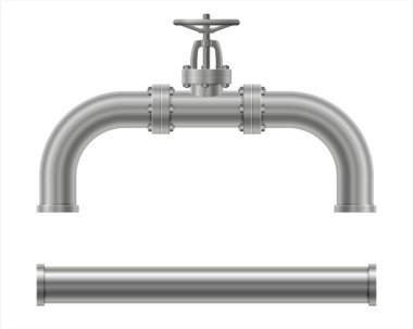 Gerçekçi stop valfi ve metal boru seti. Elle çalışan vana tipi, su tedarik sisteminde kurulum için gümüş grisidir. Vektör illüstrasyonu beyaz arkaplanda izole edildi