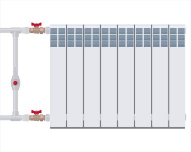 İç ısıtma sistemi için merkezi ısıtma paneli. Radyatör topunun valfleri. Kelebek kapakçığı. Gerçekçi vektör çizimi düz tasarım.