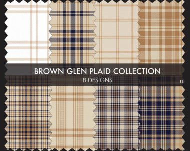 Kahverengi Glen Ekose Tartan desensiz koleksiyonu moda tekstil ve grafikleri için 8 tasarım içerir