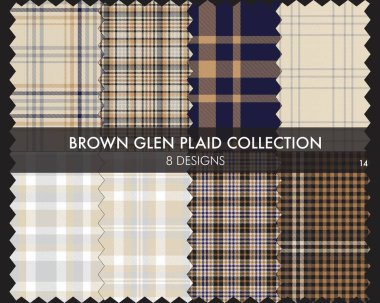 Kahverengi Glen Ekose Tartan desensiz koleksiyonu moda tekstil ve grafikleri için 8 tasarım içerir