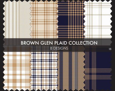 Kahverengi Glen Ekose Tartan desensiz koleksiyonu moda tekstil ve grafikleri için 8 tasarım içerir