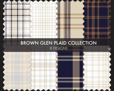 Kahverengi Glen Ekose Tartan desensiz koleksiyonu moda tekstil ve grafikleri için 8 tasarım içerir