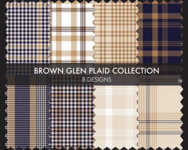Kahverengi Glen Ekose Tartan desensiz koleksiyonu moda tekstil ve grafikleri için 8 tasarım içerir