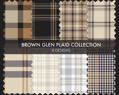 Kahverengi Glen Ekose Tartan desensiz koleksiyonu moda tekstil ve grafikleri için 8 tasarım içerir