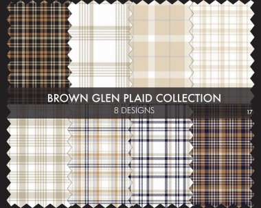 Kahverengi Glen Ekose Tartan desensiz koleksiyonu moda tekstil ve grafikleri için 8 tasarım içerir