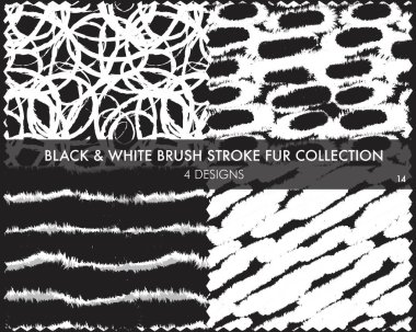 Siyah ve Beyaz Fırça kürk koleksiyonu moda baskıları, ev eşyaları, grafikler, arka planlar için 4 tasarım örneğini içerir