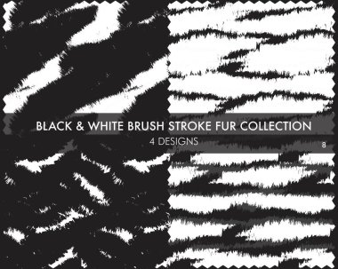 Siyah ve Beyaz Fırça kürk koleksiyonu moda baskıları, ev eşyaları, grafikler, arka planlar için 4 tasarım örneğini içerir