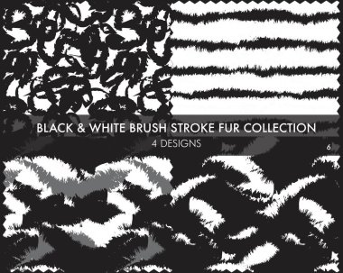 Siyah ve Beyaz Fırça kürk koleksiyonu moda baskıları, ev eşyaları, grafikler, arka planlar için 4 tasarım örneğini içerir