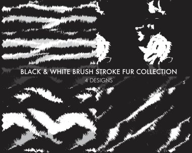 Siyah ve Beyaz Fırça kürk koleksiyonu moda baskıları, ev eşyaları, grafikler, arka planlar için 4 tasarım örneğini içerir