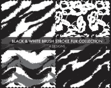 Siyah ve Beyaz Fırça kürk koleksiyonu moda baskıları, ev eşyaları, grafikler, arka planlar için 4 tasarım örneğini içerir