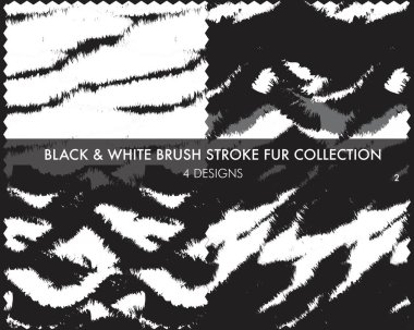 Siyah ve Beyaz Fırça kürk koleksiyonu moda baskıları, ev eşyaları, grafikler, arka planlar için 4 tasarım örneğini içerir