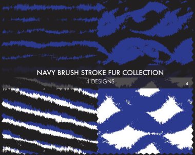 Mavi fırça darbesi kürk koleksiyonu moda baskıları, ev eşyaları, grafikler, arka planlar için 4 tasarım örneğini içerir