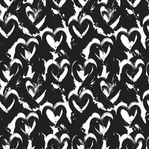 Siyah Beyaz Kalp Şekilli Fırça Darbeleri Moda Tekstil Grafikleri Için — Stok Vektör