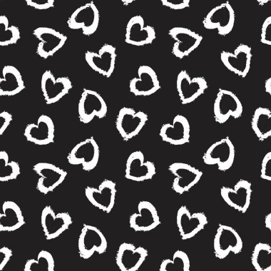 Siyah ve Beyaz Kalp şekilli fırça darbeleri moda tekstil ve grafikleri için kusursuz bir arka plan